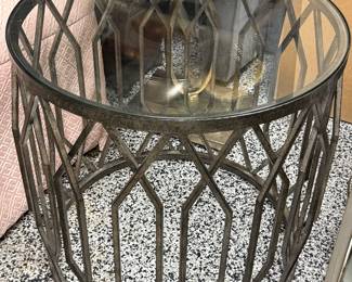 Item # 41.  Uttermost Algoma Round glass top accent table. Aged bronze.  Wrought iron base.  H- 22in. Diameter- 22in.    Great Condition. Price - $48.00
