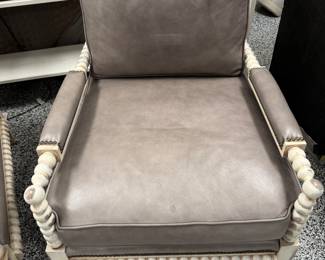 Item #1 - Pair of Carolina Custom Furniture spindle chairs.  Leather color - gray.  Condition shown in pictures.  H- 38"  D- 32"  W - 28". Seat Depth - 23 1/2. Price - $450.00.
