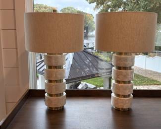 Item #9 - Pair of gold and cream lamps.  H-29 1/2 to finial.  Lamp shade Diameter- 17 1/2.  Lamp Base - 6 1/2. Great condition.  Heavy.  Price- $50.00