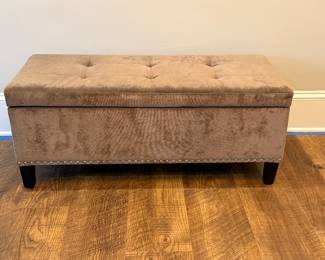 Item #25.  Madison Park Brown/taupe tufted storage ottoman.  Small stain on front lid.                                                 W - 41 1/2".  D- 18".  H- 17 1/2". Price - $34.00