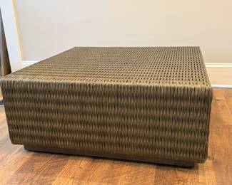 Item #15- Wicker Square Coffee table with glass (not shown). Shows signs of wear.  Grayish brown finish.      39" Square.  H- 17 1/4".  See next pictures for signs of wear.  Price - $ 75.00.