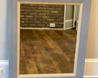 Item # 18.  Blue Framed Mirror.  Great condition.    Tiny sign of wear on corner as seen in next picture.                     W - 29 1/4". H - 35 1/2".  Price - $18.00