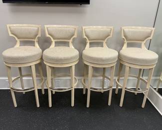 Item # 28.  Set of 4 Stanley swivel barstools.  Staining on seat cushions.  W- 18".  H- 42".  D- 18 1/2".                        Price - $100.00