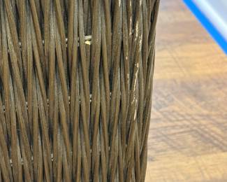 Item #15- Wicker Square Coffee table with glass (not shown). Shows signs of wear.  Grayish brown finish.  39" Square.  H- 17 1/4".  See next pictures for signs of wear. Price - $ 75.00.