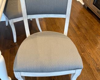 Item # 13.  Set of four Lexington Furniture Dining chairs.  Great condition. Gray upholstery with faux cream finish. H- 38"  D- 20 "  W- 22 1/2".  Price- $320.00