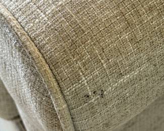 Item #37.  Pair of swivel glider accent chairs in a chenile fabric from Ashely Furniture.  H - 35 1/2in.  W- 33 1/2in. Floor to top of seat cushion- 19 1/2in.  Small stains on arm. Shown in this picture. Price - $350.00