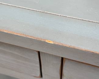Item #27.  Slate blue 4 drawer console table. One drawer has missing drawer pull.  Wear on top as shown in following pictures.      W- 71 3'4".  D- 13 3/4".  H- 34 1/2". Price - $60.00