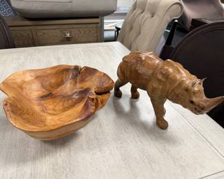 Item #57.  Wood bowl  and Rhino.  Bowl - 13 in Diameter. Rhino - H-7in. Price $16.00