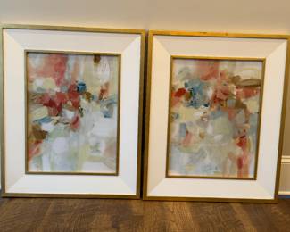 Item #16- Pair of Uttermost framed abstracts.  Frames show separation in corners. See following pictures for condition of frame. W - 27 1/2". H - 33 1/2 ".                   Price - $40.00.