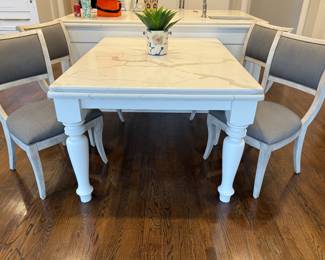 Item # 13.  Set of four Lexington Furniture Co. Dining chairs.  Oyster Bay Collection. Great condition. Gray upholstery with faux cream finish. H- 38"  D- 20 "  W- 22 1/2".  Price - $320.00