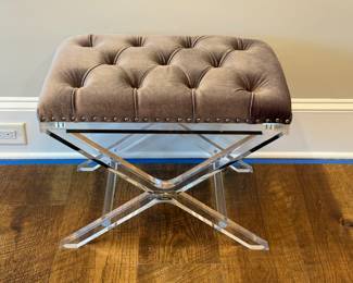 Item #21.  Acrylic gray tufted bench with nailhead.           L- 24".  D- 16 1/2.  Great condition. Price - $40.00.