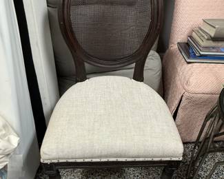 Item #40.  Set of 6 oval cane back dining chairs from Orient Express.  In espresso finish.  Some chairs show wear on cane backs.  H- 10 1/2in.  W- 19in.  Seat height - 18in.  Price - $200.00