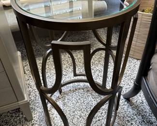 Item # 44.  Gold iron metal accent table.  Heavy.  Small mark shown in next picture.  H- 28 1/2 in. D- 17in.     Price -$48.00