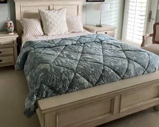 Item # 48.  Ashley Queen bedroom suite.  Antique white Queen panel bed, 2 night stands, and dresser. See following pictures for nightstands and dresser.  Great Condition.                Price -$350.00.