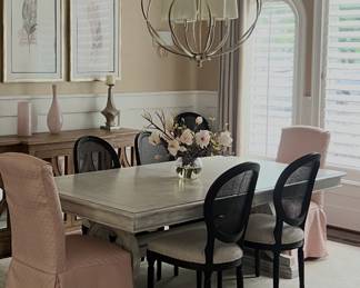 Item #39.  Lexington dining table. Oyster Bay Collection.  Cream finish. Shows some signs of wear.  Show in following pictures.  L- 88 1/2in.  W- 46in. H- 31in.        Price - $280.00