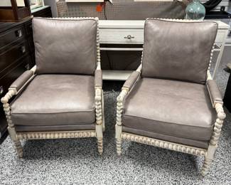 Item #1 - Pair of Carolina Custom Furniture spindle chairs.  Leather color - gray.  Condition shown in pictures.  H- 38"  D- 32"  W - 28". Seat Depth - 23 1/2. Price - $450.00.