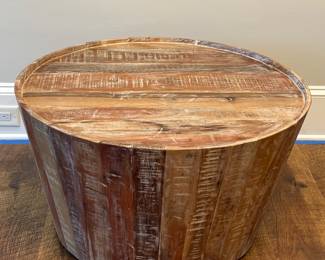 Item #8- Wood barrel coffee table.  Great condition!                              Diameter- 32"   H- 18 1/4.  Price- $65.00