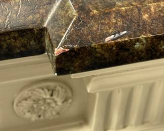 Item #26.  Greige sideboard with faux marble top.  Top has scratches.  See next pictures for condition.                   W- 84".  D- 21". H- 38 1/2". Price - $130.00