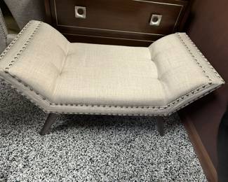 Item # 52.  Pair of small upholstered benches. Fair Condition.  Light staining on upholstery and scratches on legs.  See next photo. Price - $60.00.