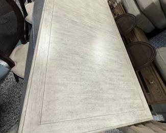 Item #39.  Lexington Montauk Trestle dining table.  Oyster Bay  finish. Small marks on table top shown in following pictures. L- 88 1/2in.  W- 46in. H- 31in.          Price - $280.00