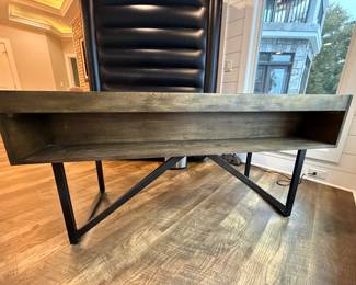 Item #3 - Ashley Furniture Desk 1. Picture shows back of desk. Middle drawer shows light sings of wear. L- 63"  D- 28" H- 33 1/4.  Price - $125.00.