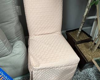 Item # 53.  Pair of pink slip covered parsons chairs by Four Seasons Furniture.  Clean and in great condition.  Price- $44.00.