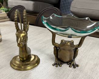 Item #54.  Frog bowl and brass antelope.  Both items are heavy.  Frog bowl - H- 10in.  Antelope - H-12in.              Price - $22.00