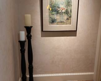 TALL CANDLESTICKS AND FRAMED WATERCOLOR