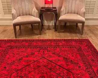 RED FLOOR RUG , ADIRONDACK, 2 MATCHING UTTERMOST ACCENT CHAIRS, MOROCCAN GOAT SKIN LAMP