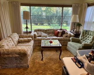 Couch and love seat $75.    Square glass table $75.   Lamps 10.   