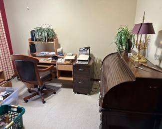 Roll top desk. Computer desk. File cabinet. Leather office chair and accessories.