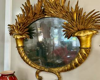 18th C water gilded and hand-carved wheat mirror from France.  Original Mercury glass still in place.