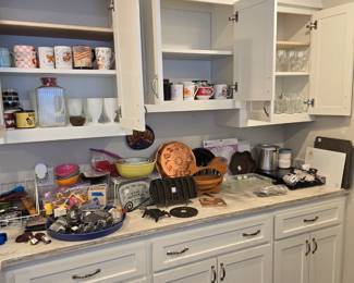 Primary color Pyrex set, cast iron, copper molds, milk glass, utensils and more!