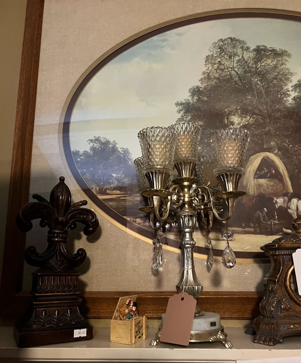 Vintage Marble base candelabra, print, accessories