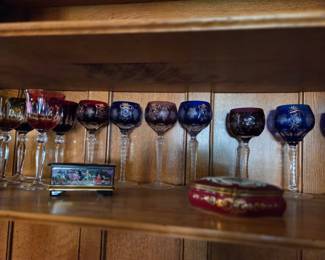 Belgium Crystal hand carved red blue and yellow wine glasses