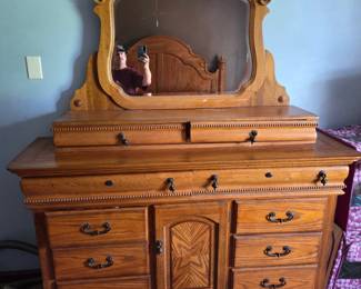 Amish hand built dresser with matching mirror assembly. All pieces come together including king size bed mattress and box spring.