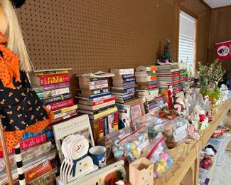 Books and holiday decor