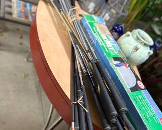 Vintage golf clubs, wooden table