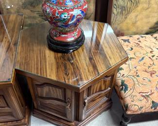 wooden table (with glass protective top) and oriental vase