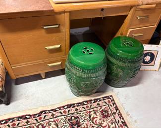 Green Porcelain decorative stools, vintage writing desk
