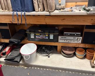 vintage Bose radio, outdoor cushions, DeWalt toolbox