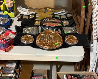 Wrestling Title Belts (replicas), Dvd's, Cassette tapes and CD's
