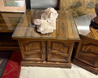 Wooden side table with protective glass top