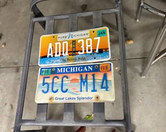 License plates and bench