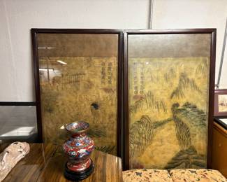 Framed Asian art and oriental vase