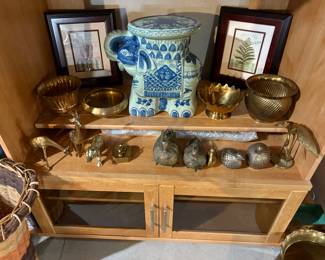 Brass figurines, porcelain elephant art and framed wall art
