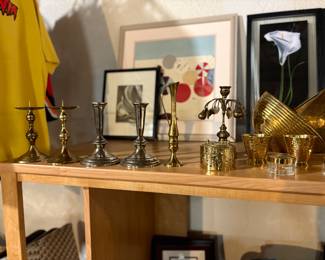 Brass candlesticks and glasses
