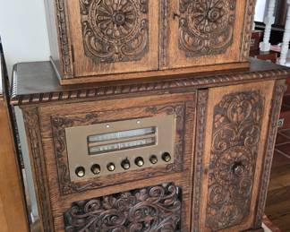 Wood carved Black Forest style Radio cabinet