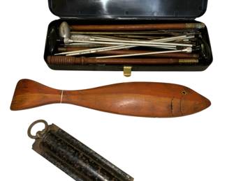Gun cleaning kit, wooden fish, scales