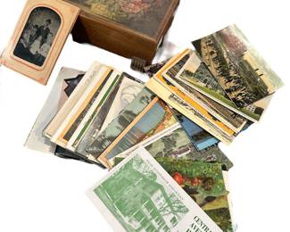 Wood box, tin type, postcards